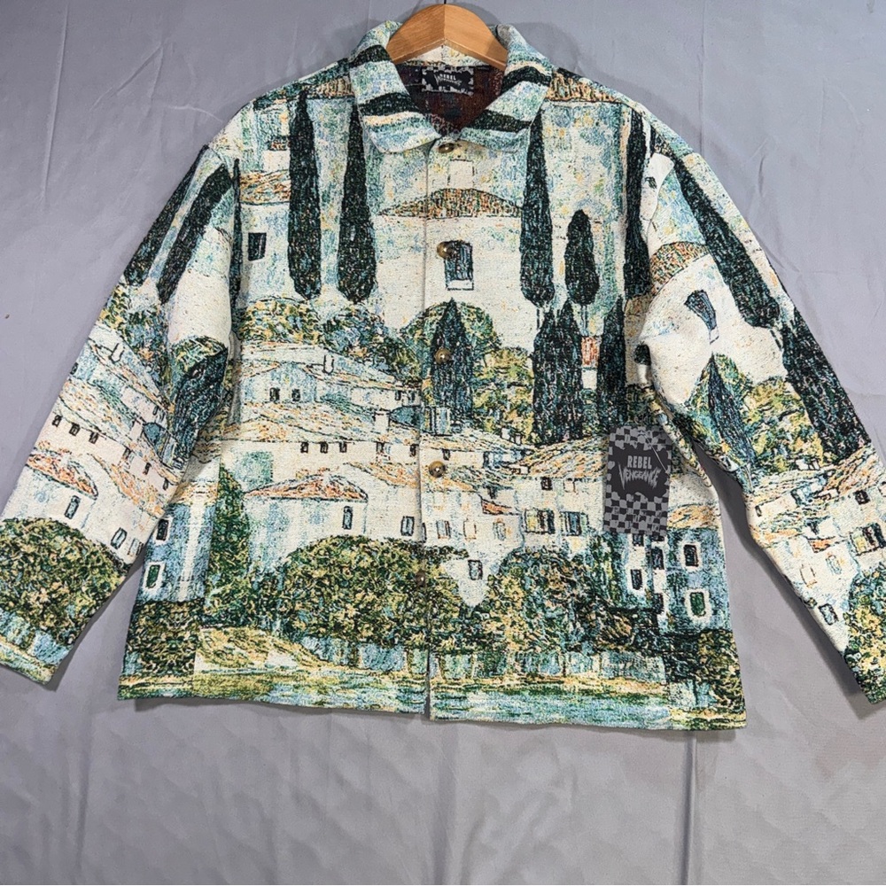 Rebel Vengeance Jacket Mens Small Multicolor Tapestry Art Cityscape Button Front
